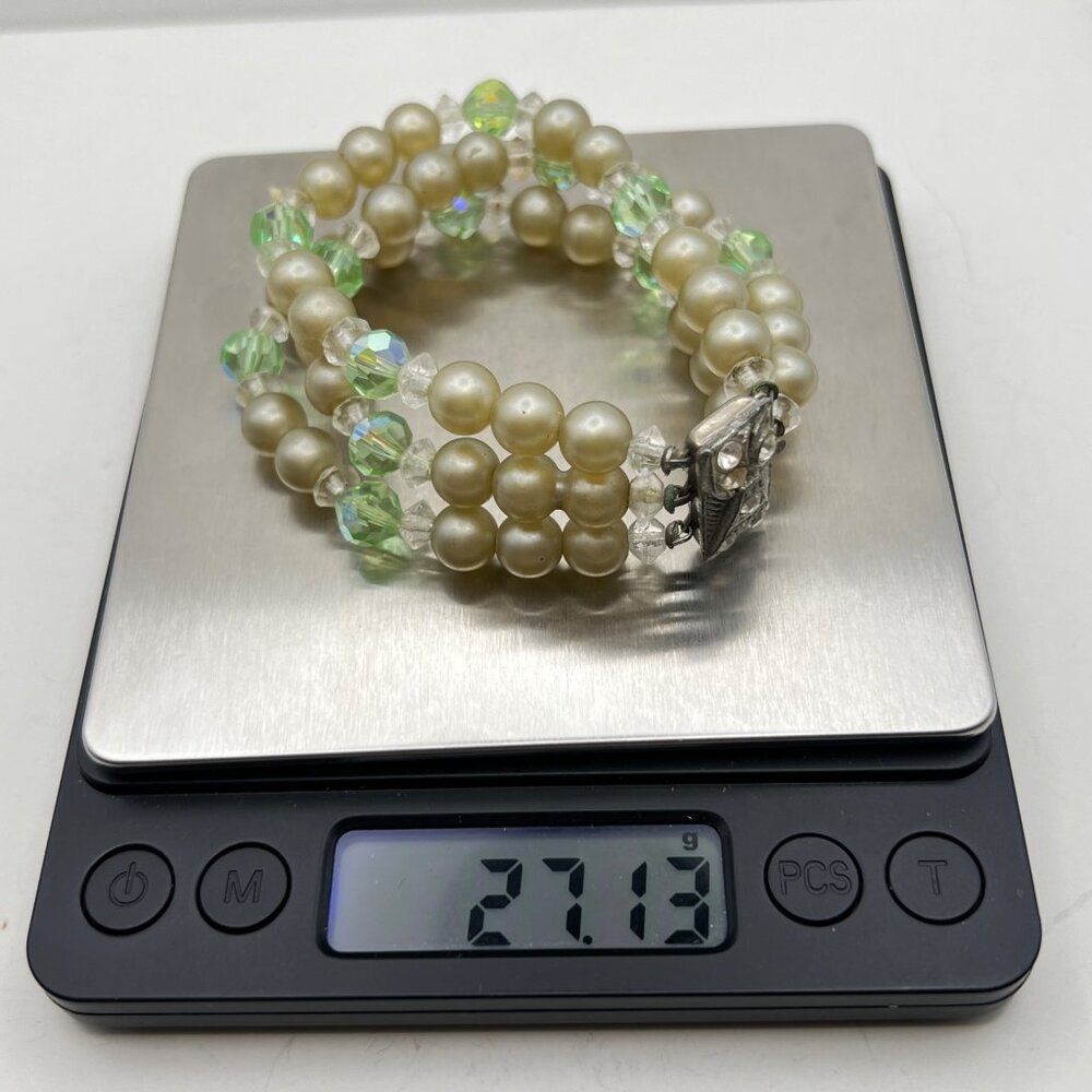 Vintage Faux Pearl Green Crystal Bracelet Rhinestone Box Clasp MCM 1940s-1950s - Picture 6 of 12